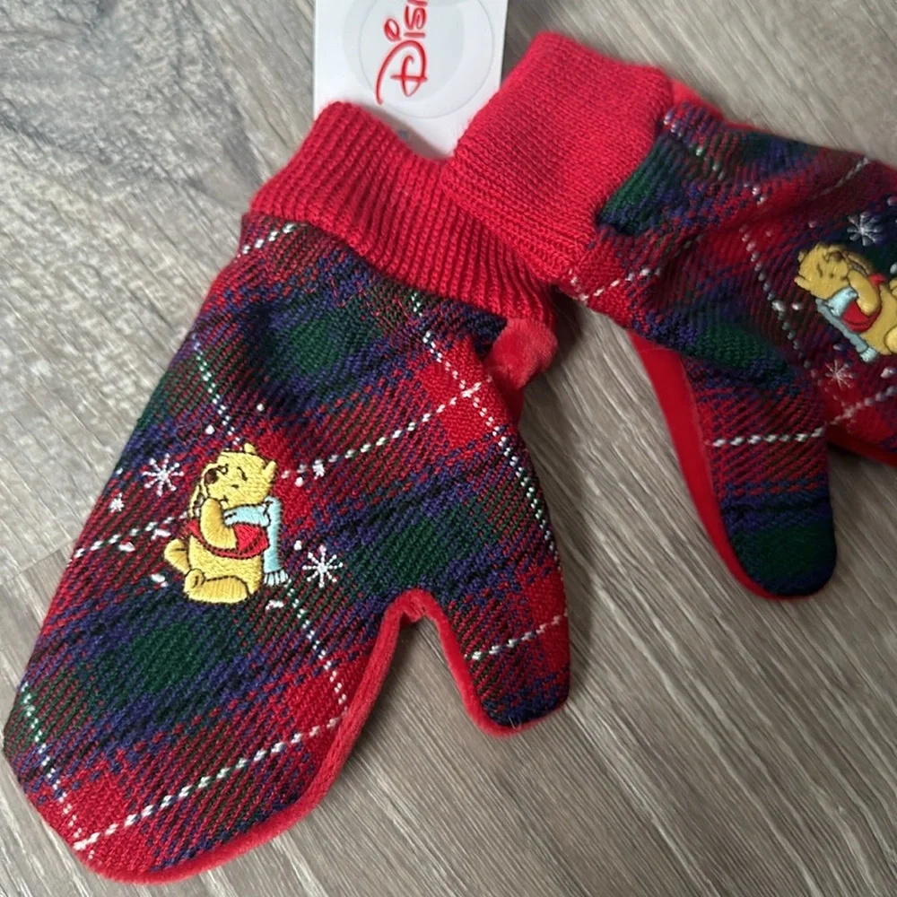 DISNEY Winnie the Pooh Plaid Red Velvet 12-24m Winter Mittens NWT